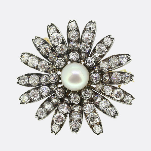 Antique Natural Pearl Diamond Flower Pendant Brooch
