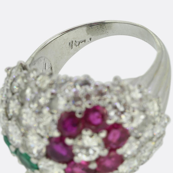Vintage Ruby Emerald and Diamond Floral Bombe Ring