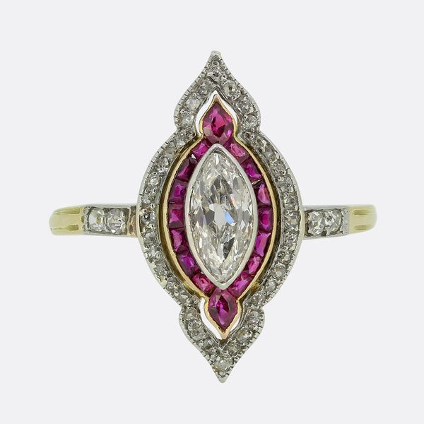 Edwardian 0.50 Carat Marquise Cut Diamond and Ruby Navette Ring