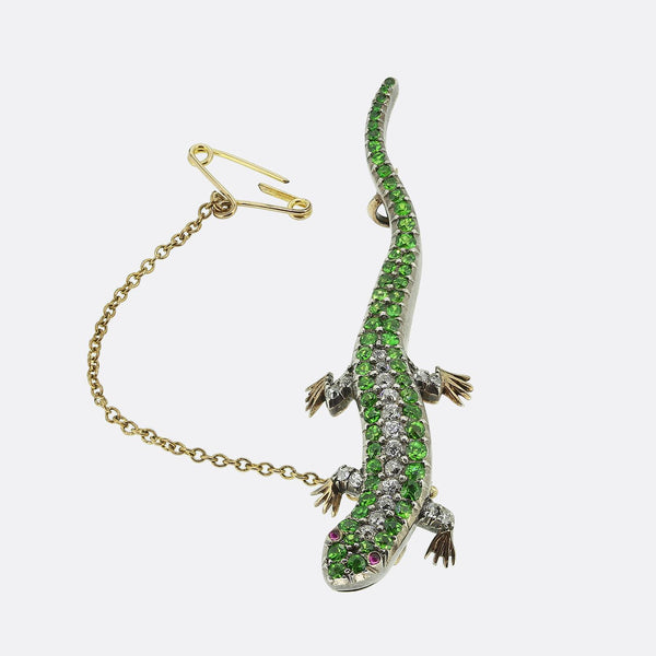 Antique Demantoid Garnet and Diamond Lizard Brooch