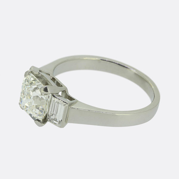 2.33 Carat Asscher Cut Diamond and Baguette Cut Diamond Three-Stone Ring
