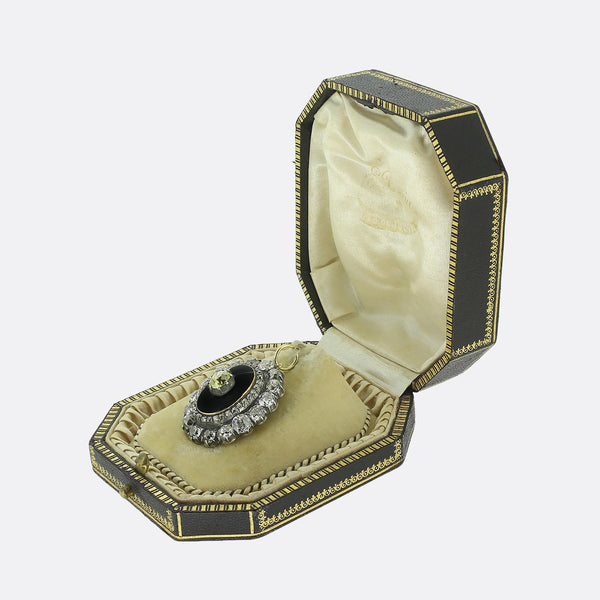 Victorian Fancy Yellow Old Cut Diamond and Enamel Locket Pendant