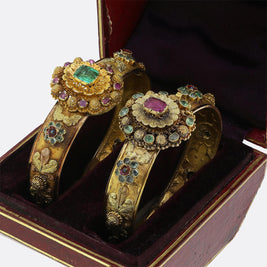 Victorian Emerald Ruby and Enamel Posy Bracelet Set