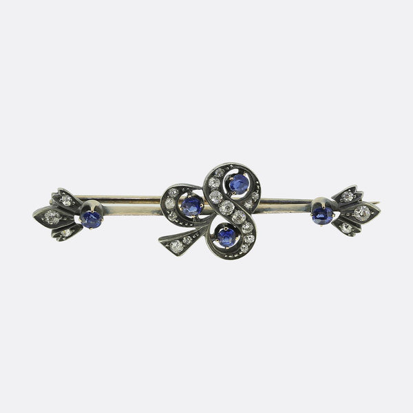Victorian Sapphire and Diamond Clover Bar Brooch
