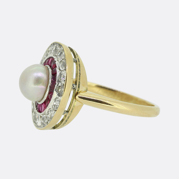 Art Deco Pearl Ruby and Diamond Target Ring