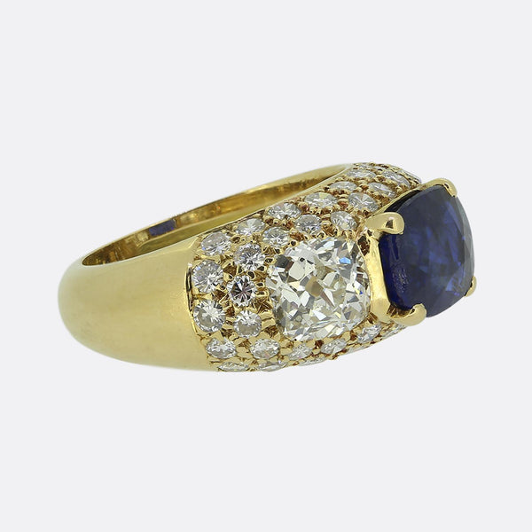 Vintage Burmese Sapphire and Diamond Pave Set Three-Stone Ring