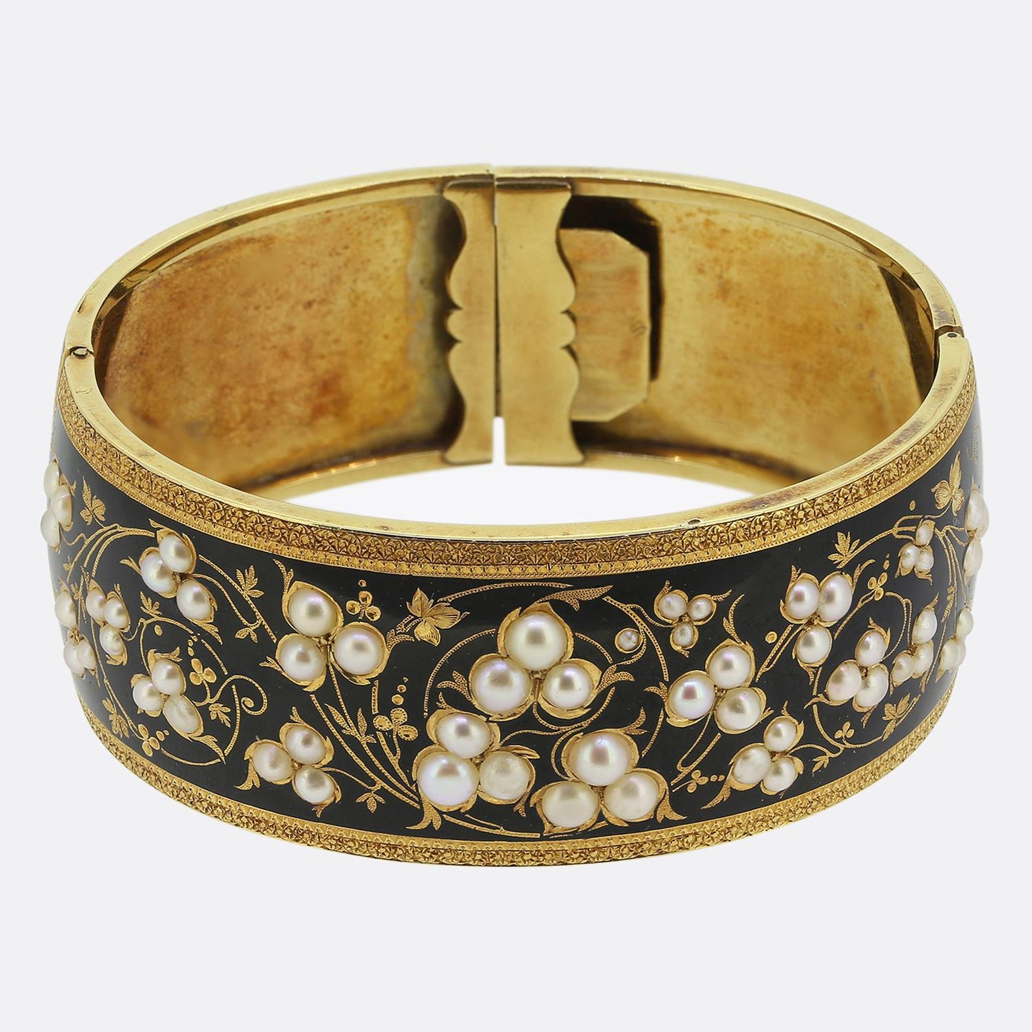 Victorian Pearl and Enamel Foliated Bangle