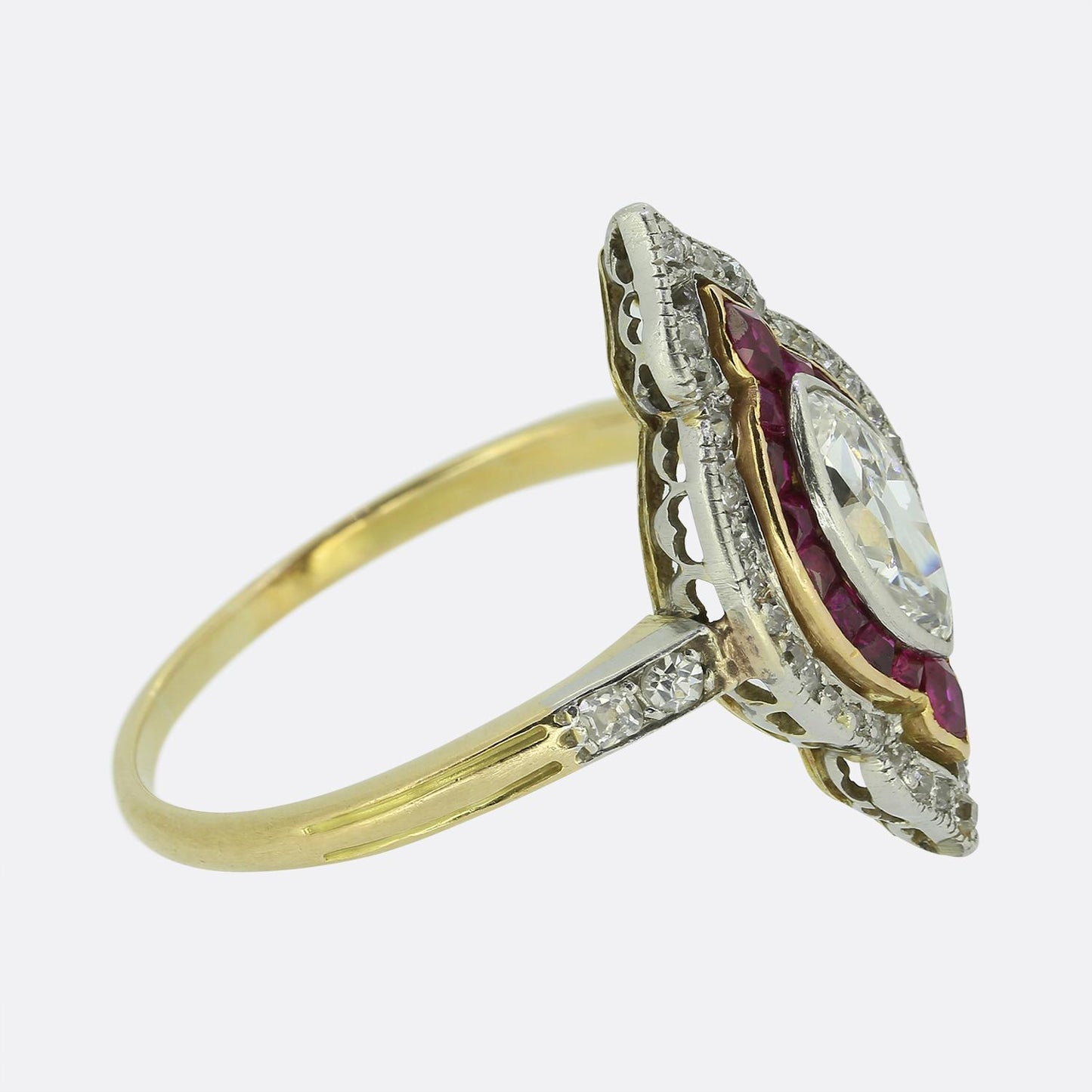 Edwardian 0.50 Carat Marquise Cut Diamond and Ruby Navette Ring