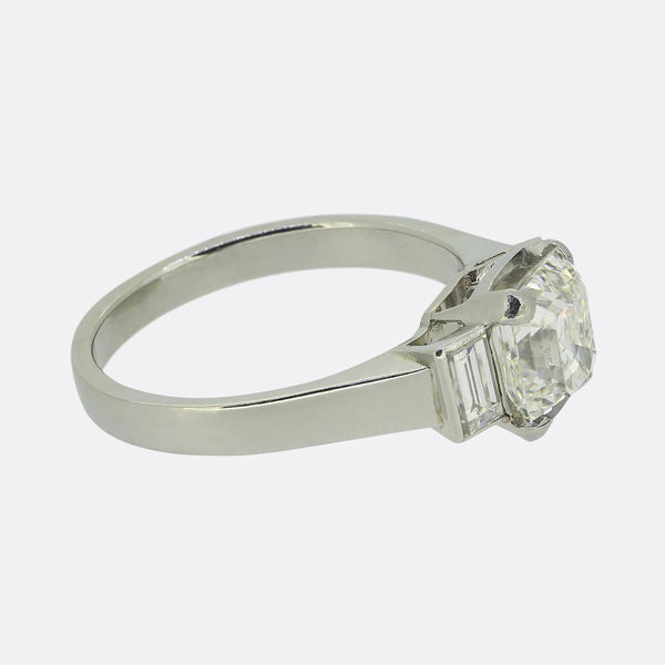 2.33 Carat Asscher Cut Diamond and Baguette Cut Diamond Three-Stone Ring