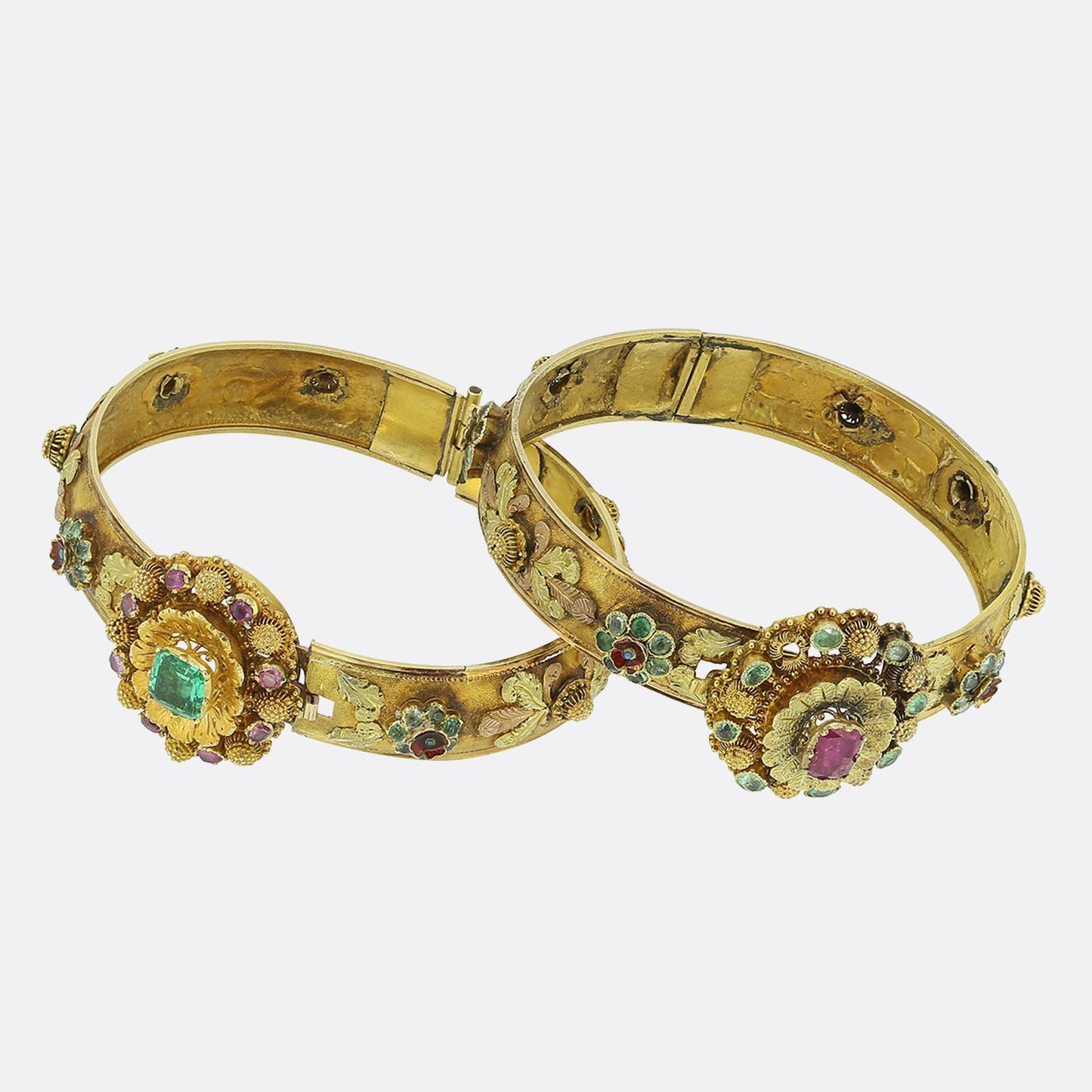 Victorian Emerald Ruby and Enamel Posy Bracelet Set