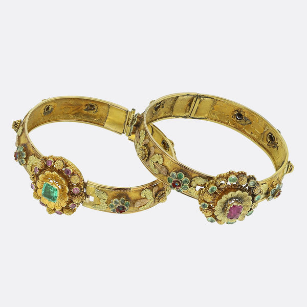 Victorian Emerald Ruby and Enamel Posy Bracelet Set