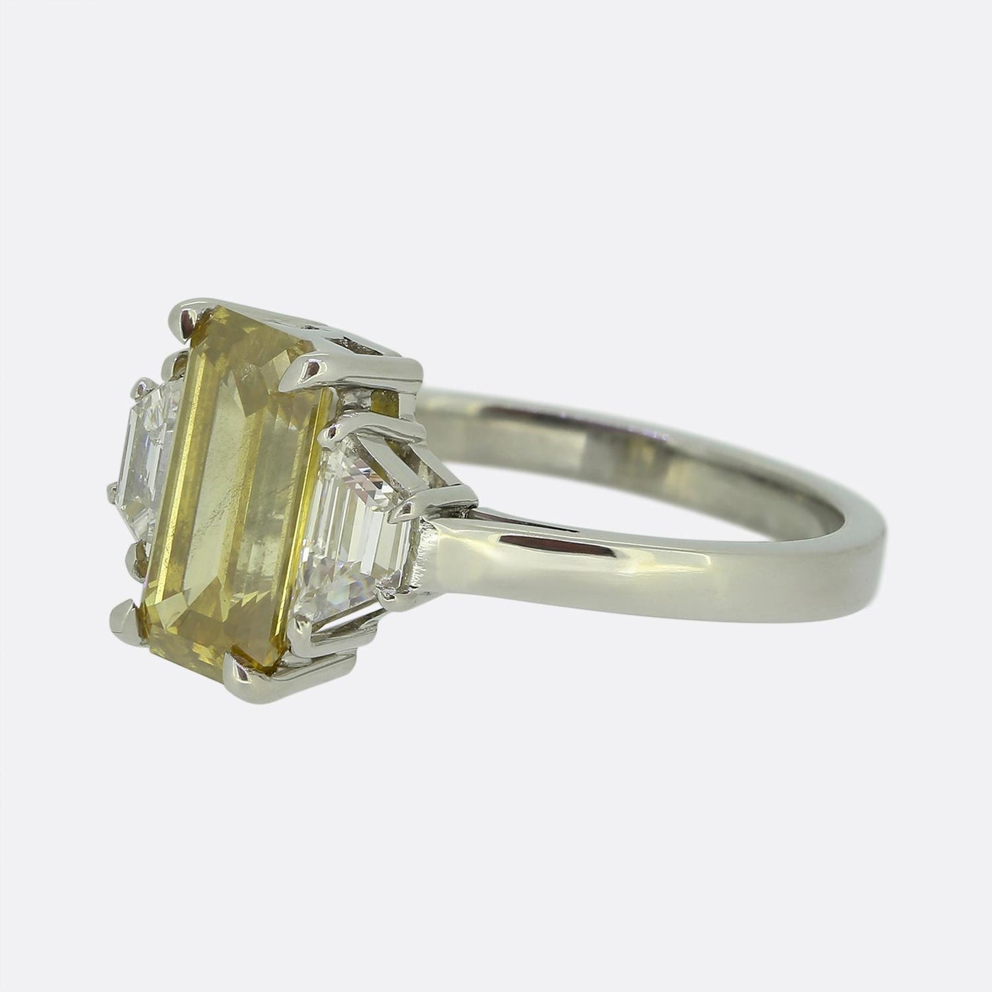 Late Art Deco 1.90 Fancy Yellow Diamond Three-Stone Ring