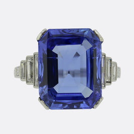 Art Deco 11.70 Carat Natural Ceylon Sapphire and Diamond Cocktail Ring