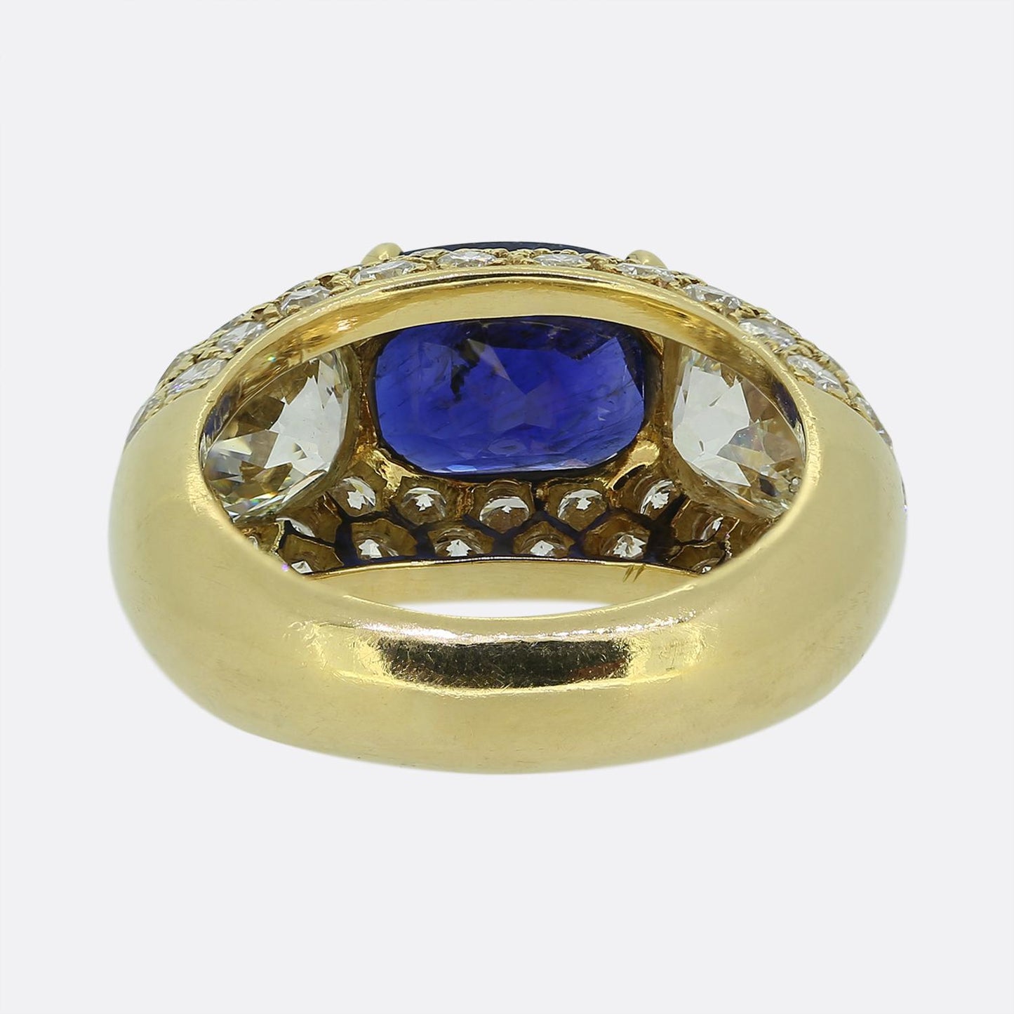 Vintage Burmese Sapphire and Diamond Pave Set Three-Stone Ring