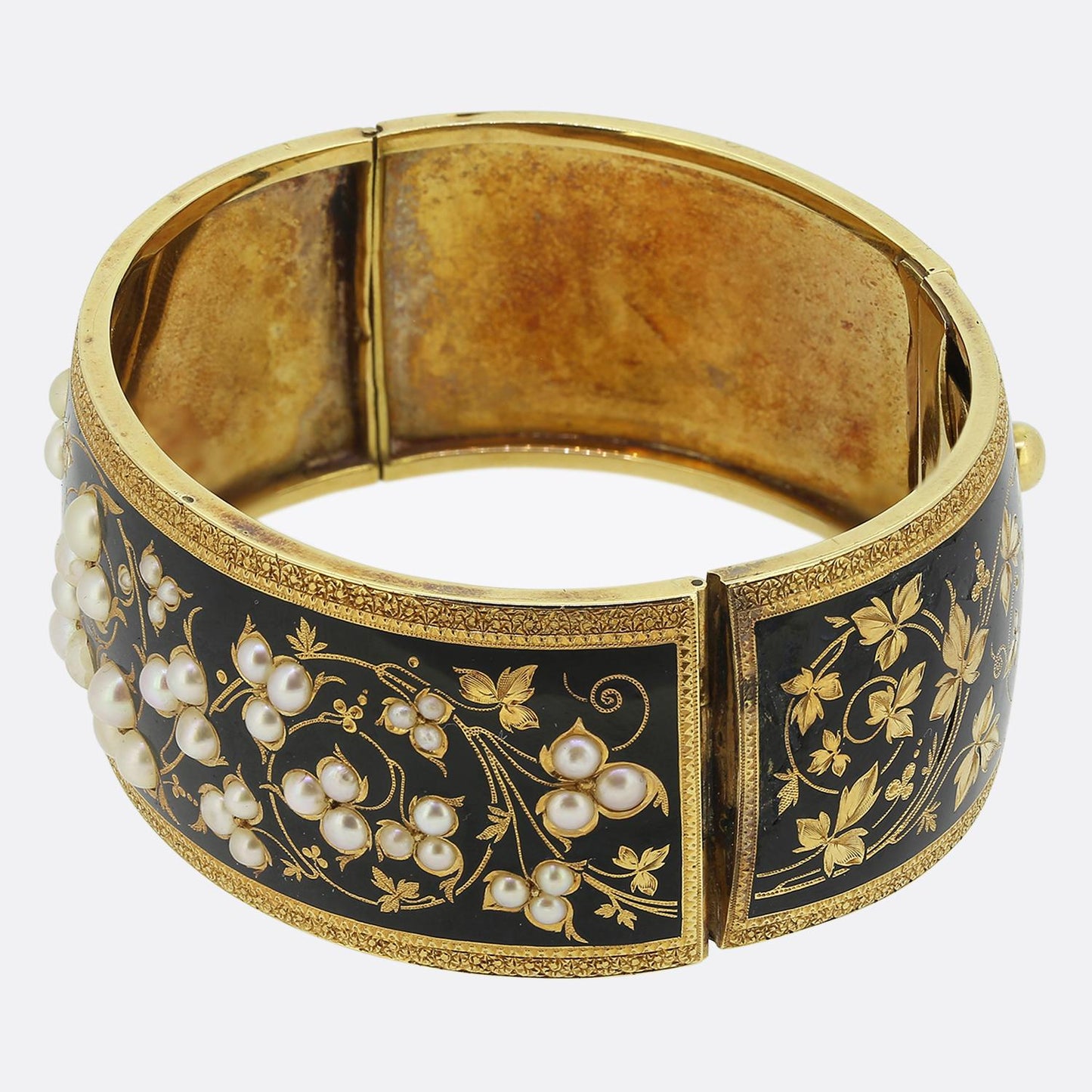 Victorian Pearl and Enamel Foliated Bangle