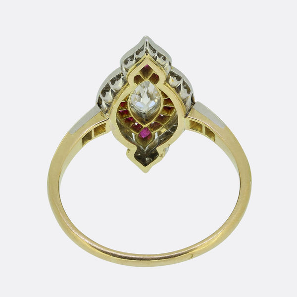 Edwardian 0.50 Carat Marquise Cut Diamond and Ruby Navette Ring