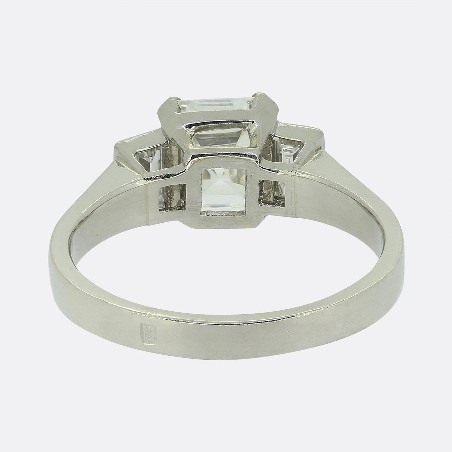 2.33 Carat Asscher Cut Diamond and Baguette Cut Diamond Three-Stone Ring