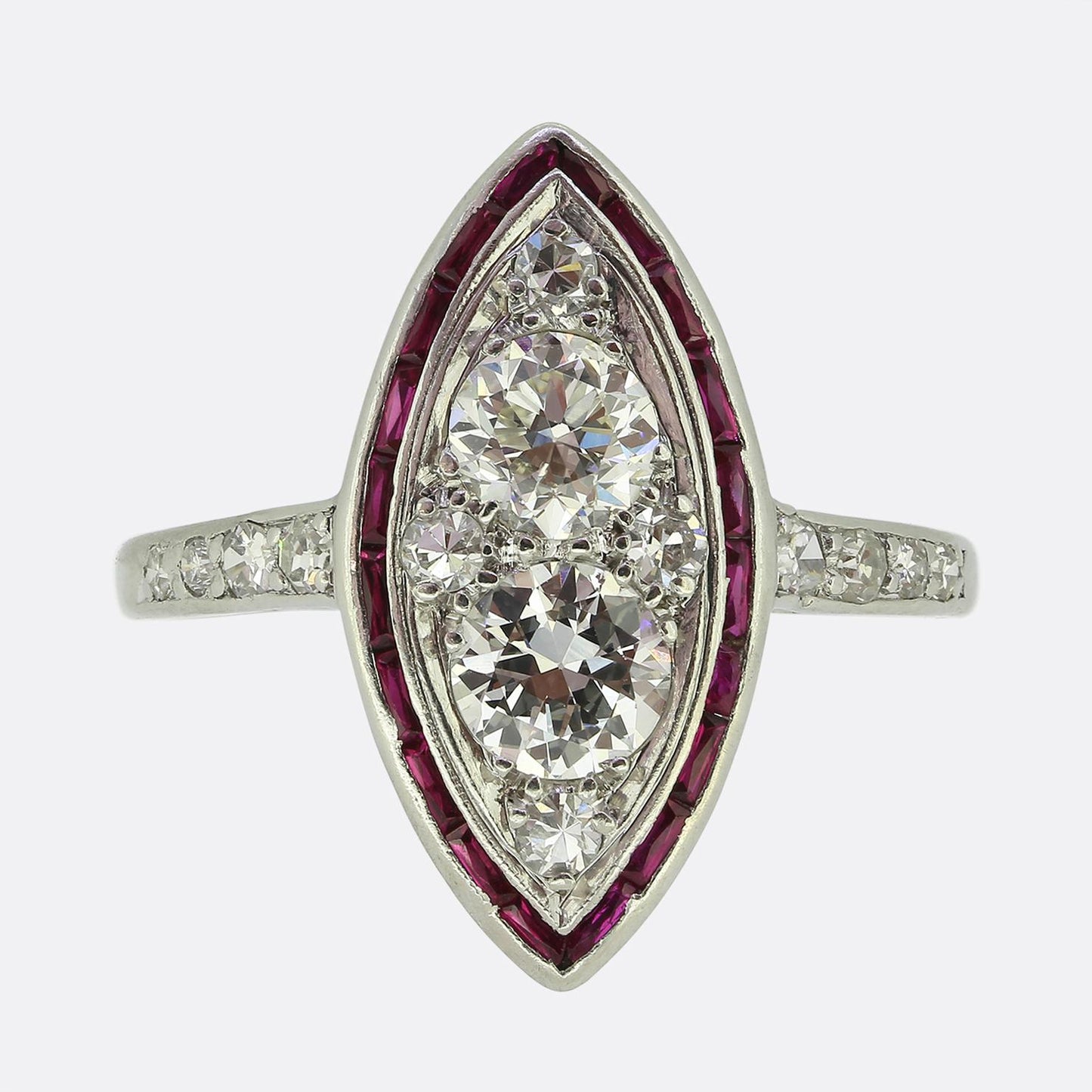 Kobrin Bros. Art Deco Ruby and Diamond Navette Ring