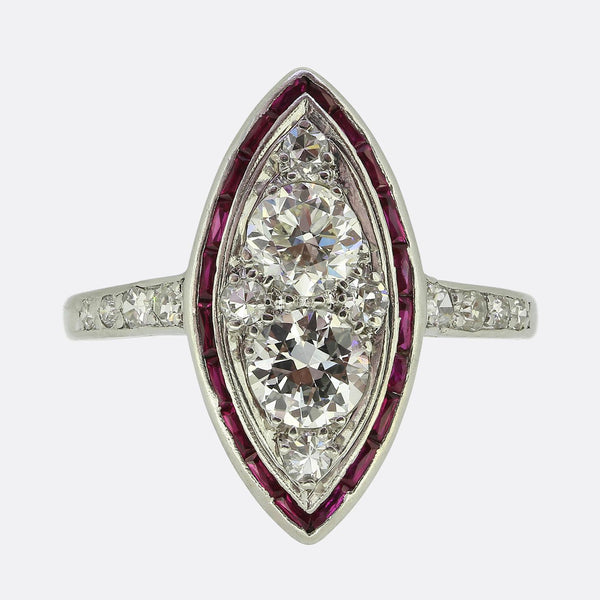 Kobrin Bros. Art Deco Ruby and Diamond Navette Ring