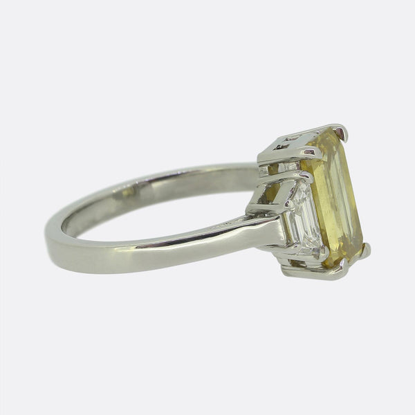 Late Art Deco 1.90 Fancy Yellow Diamond Three-Stone Ring