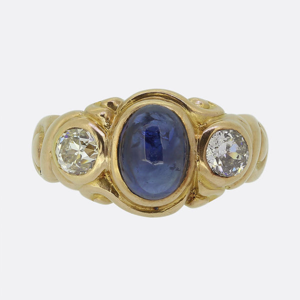Antique Cabochon Sapphire and Diamond Three-Stone Ring