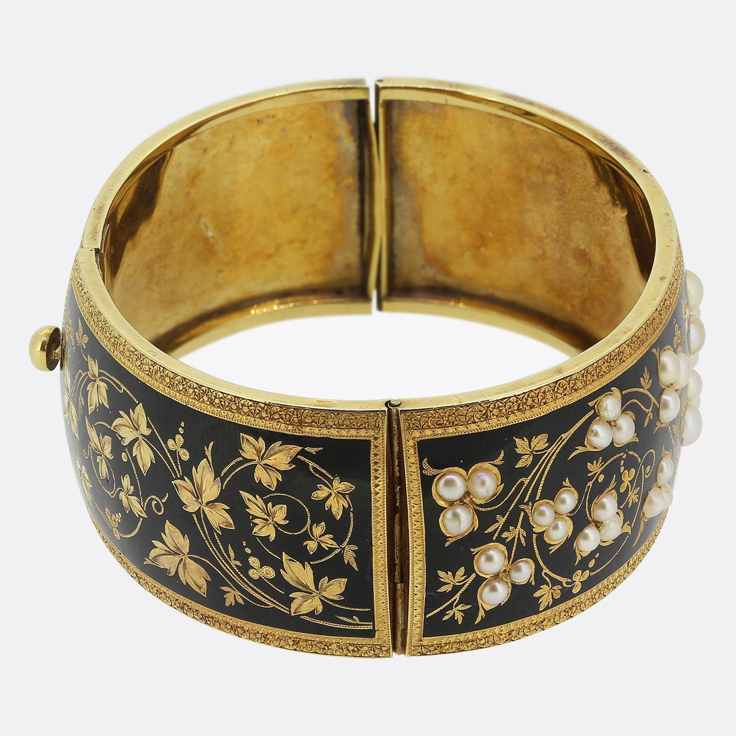 Victorian Pearl and Enamel Foliated Bangle