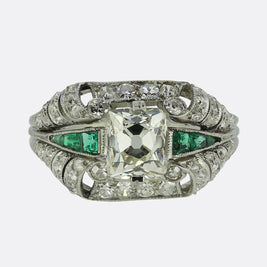 Art Deco 1.00 Carat Diamond and Emerald Ring