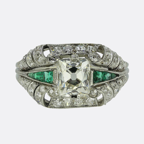 Art Deco 1.00 Carat Diamond and Emerald Ring