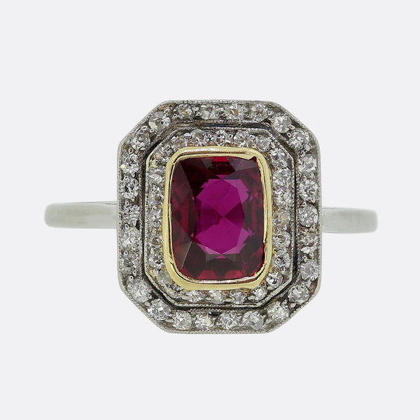 Art Deco Unheated Ruby and Diamond Cluster Ring