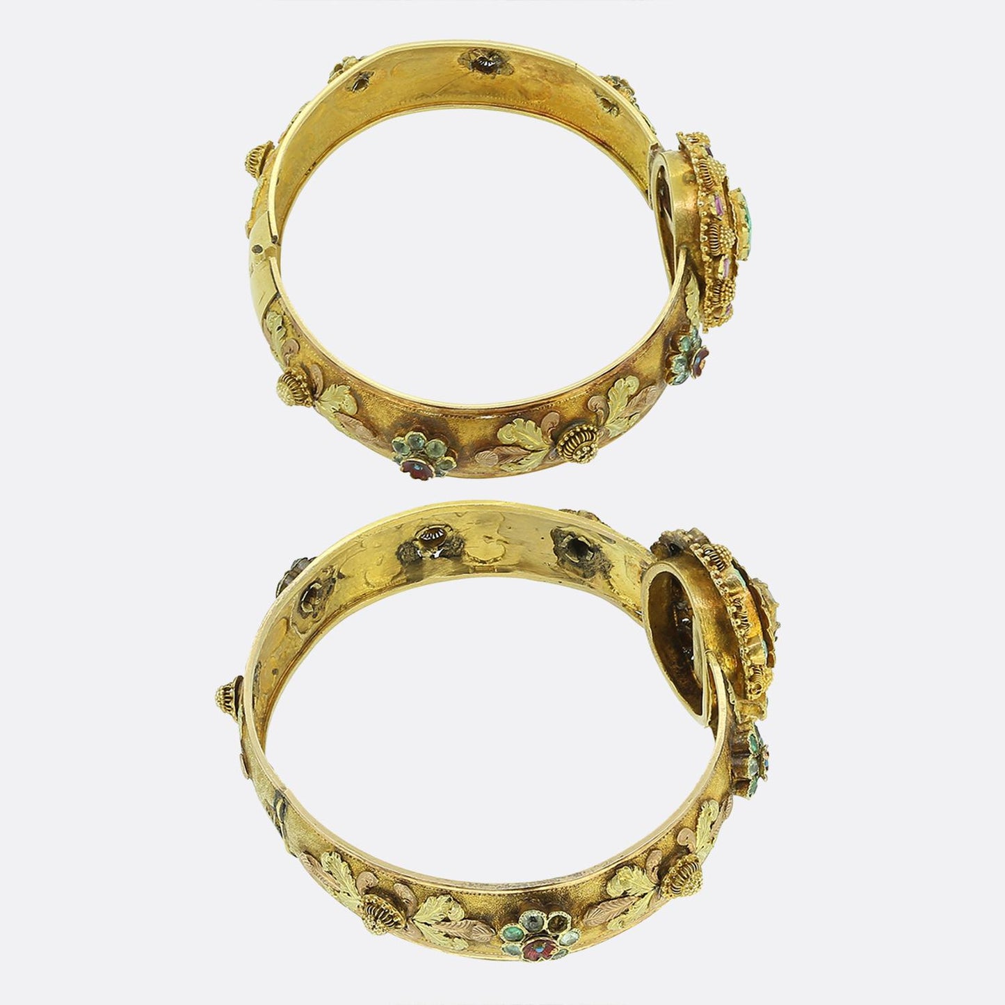 Victorian Emerald Ruby and Enamel Posy Bracelet Set