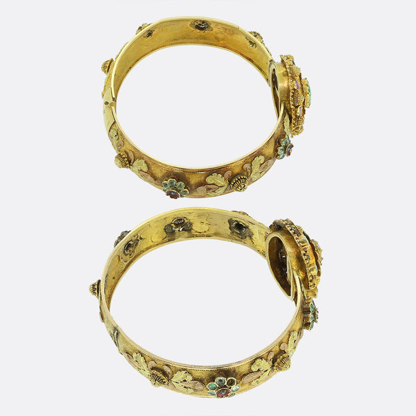 Victorian Emerald Ruby and Enamel Posy Bracelet Set