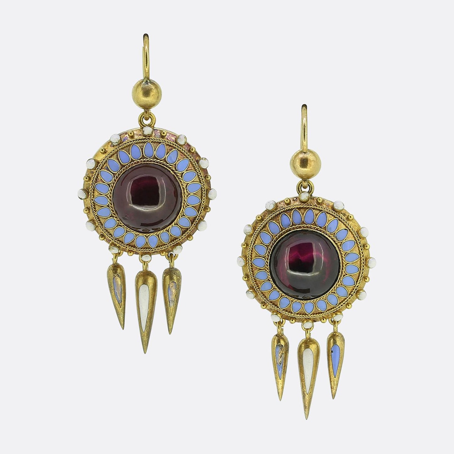 Victorian Etruscan Revival Garnet and Enamel Drop Earrings