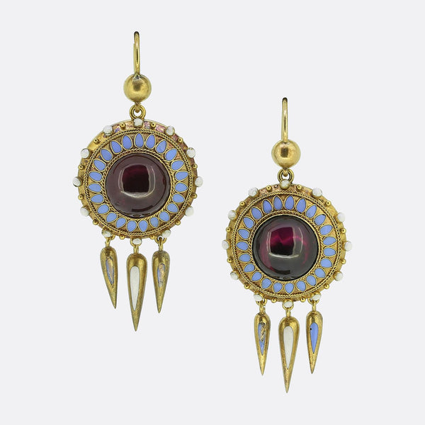 Victorian Etruscan Revival Garnet and Enamel Drop Earrings