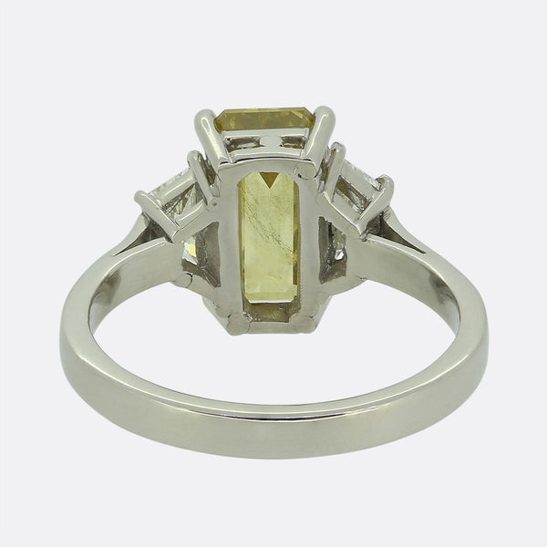 Late Art Deco 1.90 Fancy Yellow Diamond Three-Stone Ring