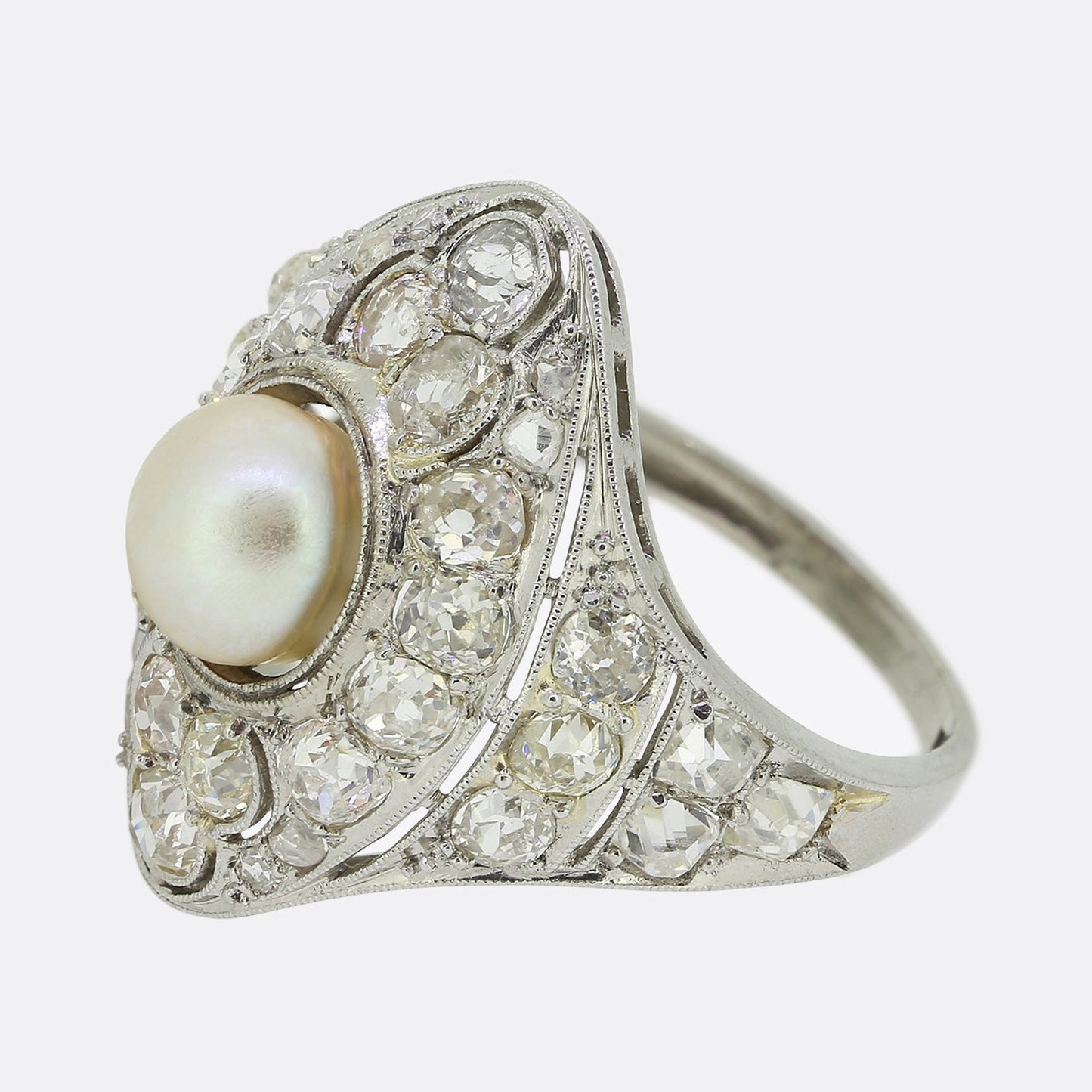 Antique Natural Pearl and Diamond Cluster Ring