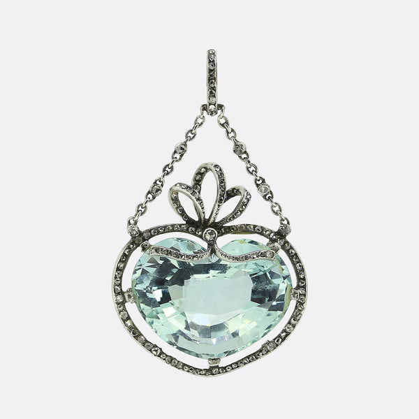 Edwardian Aquamarine Heart and Diamond Drop Pendant
