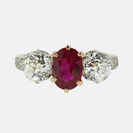 Edwardian Burmese Ruby and Diamond Three Stone Ring