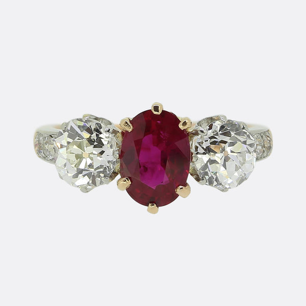 Edwardian Burmese Ruby and Diamond Three Stone Ring