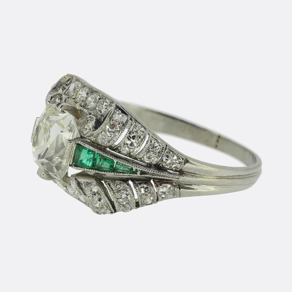 Art Deco 1.00 Carat Diamond and Emerald Ring