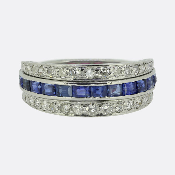 Art Deco Sapphire Ruby and Diamond Day and Night Ring