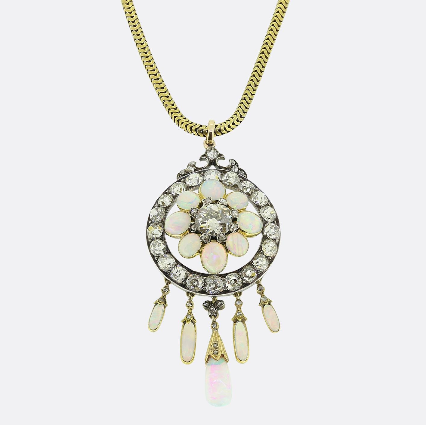 Victorian Opal and Diamond Drop Pendant Necklace