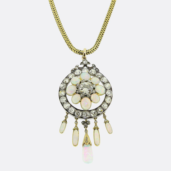 Victorian Opal and Diamond Drop Pendant Necklace