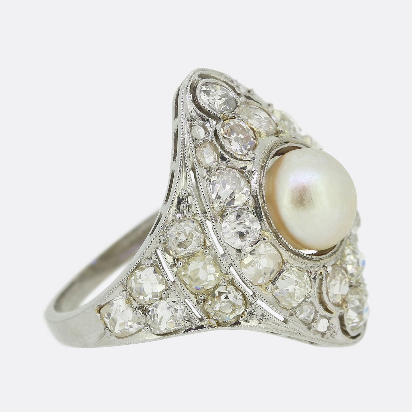 Antique Natural Pearl and Diamond Cluster Ring