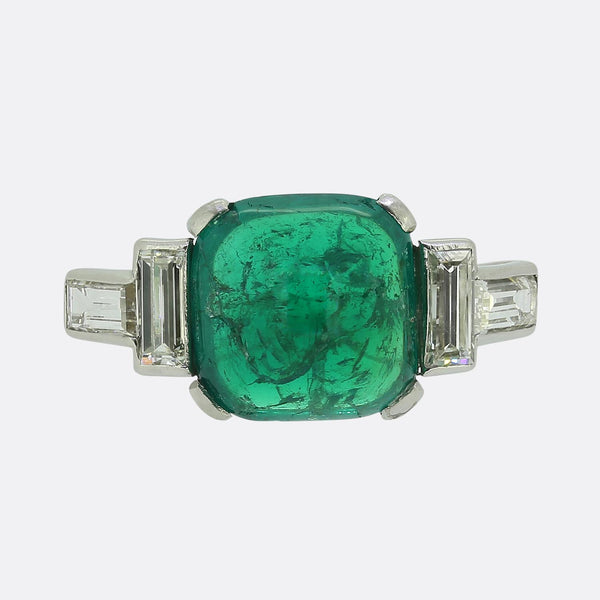 Art Deco 4.00 Carat Colombian Cabochon Emerald and Diamond Ring