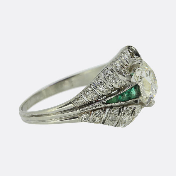 Art Deco 1.00 Carat Diamond and Emerald Ring
