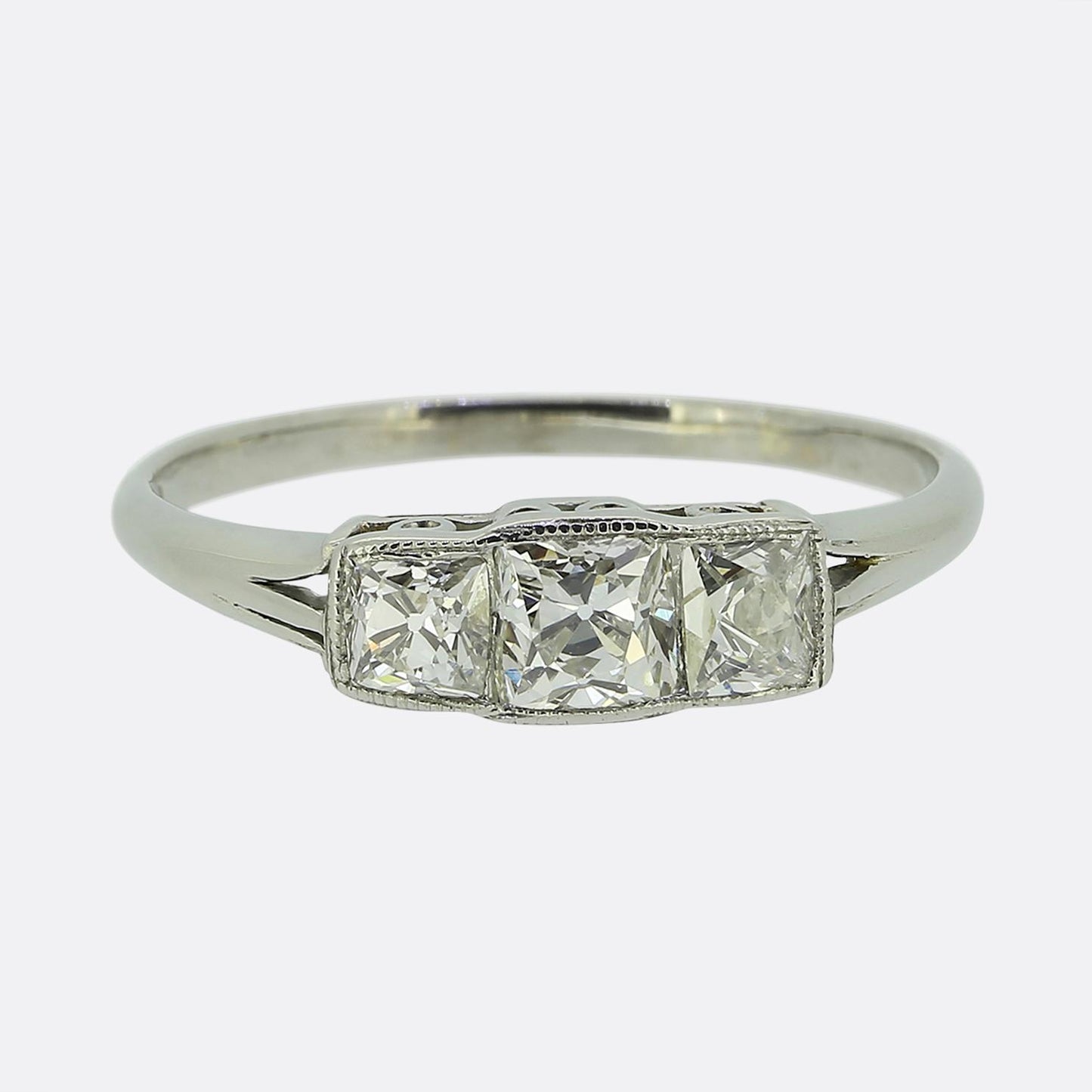 Art Deco 0.60 Carat Cushion-Cut Diamond Three-Stone Ring