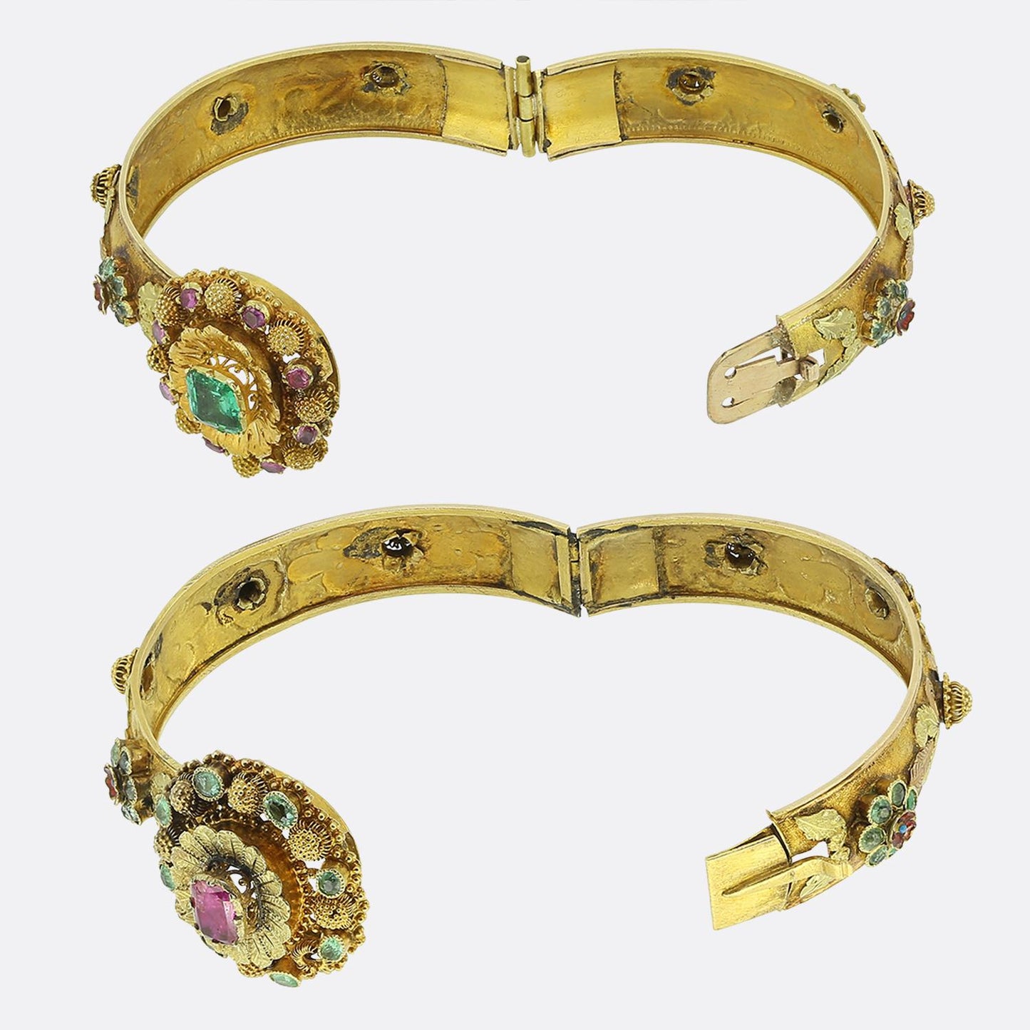 Victorian Emerald Ruby and Enamel Posy Bracelet Set
