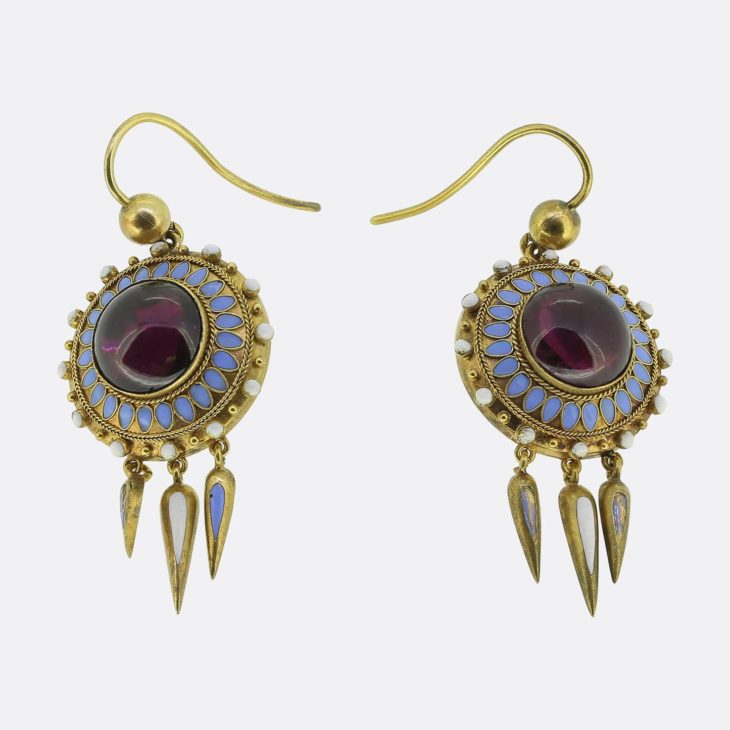 Victorian Etruscan Revival Garnet and Enamel Drop Earrings