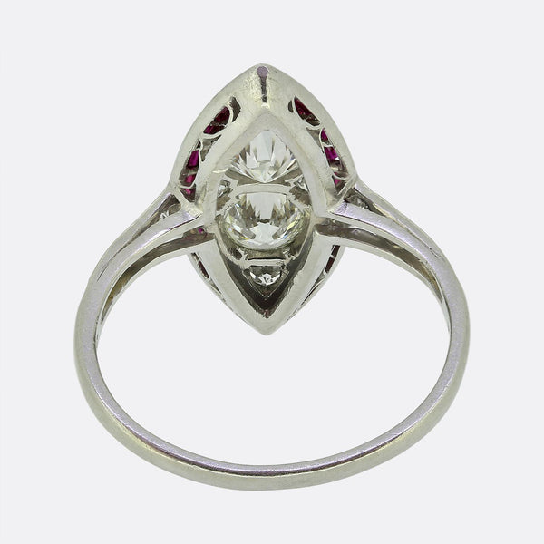 Kobrin Bros. Art Deco Ruby and Diamond Navette Ring