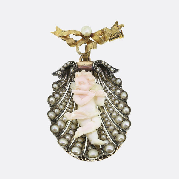 Antique Pearl and Cherub Drop Locket Brooch